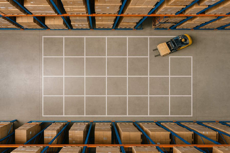 Wnętrze magazynu – wydzielona, pusta przestrzeń z regałami, gotowa do adaptacji przez klienta biznesowego.